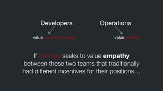 If DevOps seeks to value empathy
between these two teams that traditionally
had different incentives for their positions…
Developers Operations
value constant change value stability
 