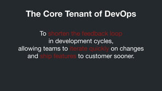To shorten the feedback loop 

in development cycles, 

allowing teams to iterate quickly on changes 

and ship features to customer sooner.
The Core Tenant of DevOps
 