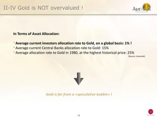 II-IV Gold is NOT overvalued !



   In Terms of Asset Allocation:

   ● Average current investors allocation rate to Gold, on a global basis: 1% !
   ● Average current Central Banks allocation rate to Gold: 15%
   ● Average allocation rate to Gold in 1980, at the highest historical price: 25%
                                                                              (Source: Valcambi)




                        Gold is far from a «speculative bubble» !




                                             15
 