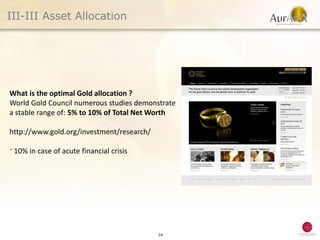 III-III Asset Allocation




What is the optimal Gold allocation ?
World Gold Council numerous studies demonstrate
a stable range of: 5% to 10% of Total Net Worth

http://www.gold.org/investment/research/

● 10%   in case of acute financial crisis




                                            24
 