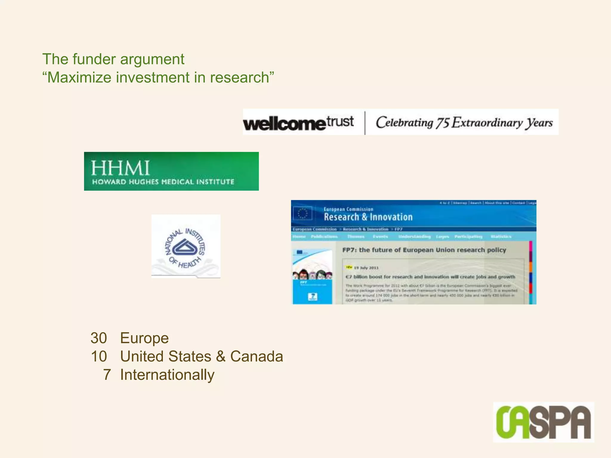 The funder argument
“Maximize investment in research”




      30 Europe
      10 United States & Canada
       7 Internationally
 