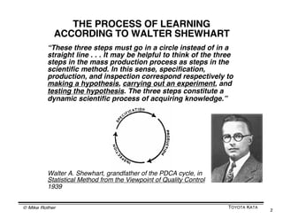 WHY THIS SLIDESHARE?
      There are many challenges humans face, but we can handle
           them... if we manage ourselves a little differently

                 Why should we manage ourselves
                 differently? Because a scientific,
                 iterative way of thinking & acting is
                 not the typical way adults nor our
                 business organizations think & act.
                 We naturally prefer to define the
                 steps weʼll take, determine whoʼs
                 responsible for each step, assign
     Bill        timing and execute the plan.              Mike
                 We do need to make plans, but the
                 approach we may naturally prefer is
                 often not effective for meeting goals
                 in complex situations.

 It takes a different approach and a little practice to mobilize our
 astonishing collective capability for meeting challenging goals

© Mike Rother                                             TOYOTA KATA
                                                                        2
 