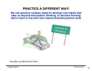 PRACTICE A DIFFERENT WAY!
   We can practice routines (kata) to develop new habits that
    take us beyond mechanistic thinking, to iterative thinking
   thatʼs more in line with how interconnected systems work




  Illustration by Meryl Runion Rose

© Mike Rother                                           TOYOTA KATA
                                                                      20
 