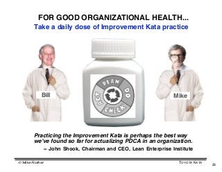 FOR GOOD ORGANIZATIONAL HEALTH...
        Take a daily dose of Improvement Kata practice




            Bill                                                 Mike




        Practicing the Improvement Kata is perhaps the best way
        we've found so far for actualizing PDCA in an organization.
                ~ John Shook, Chairman and CEO, Lean Enterprise Institute

© Mike Rother                                                      TOYOTA KATA
                                                                                 23
 