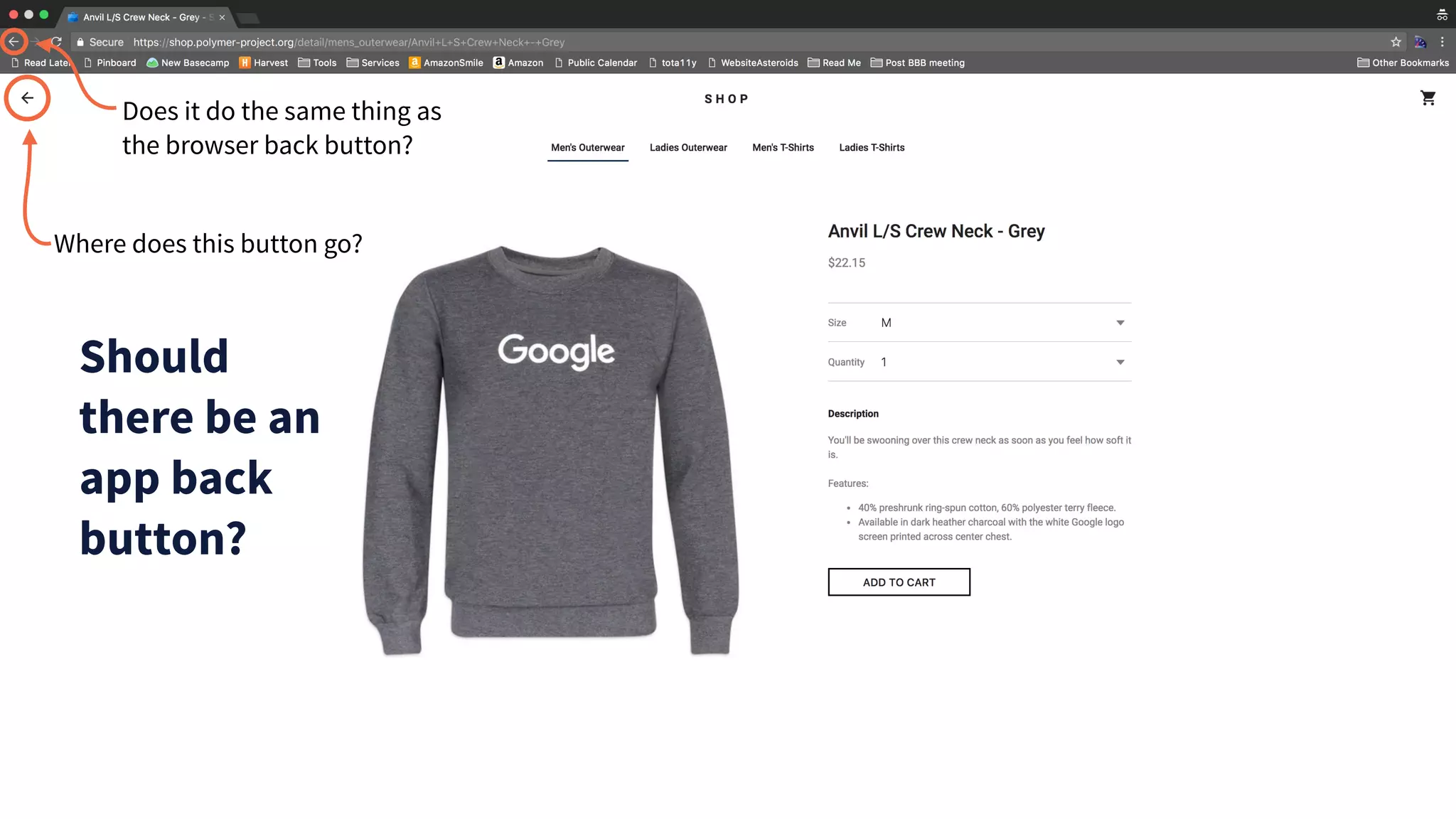 Where does this button go?
Does it do the same thing as
the browser back button?
Should
there be an
app back
button?
 