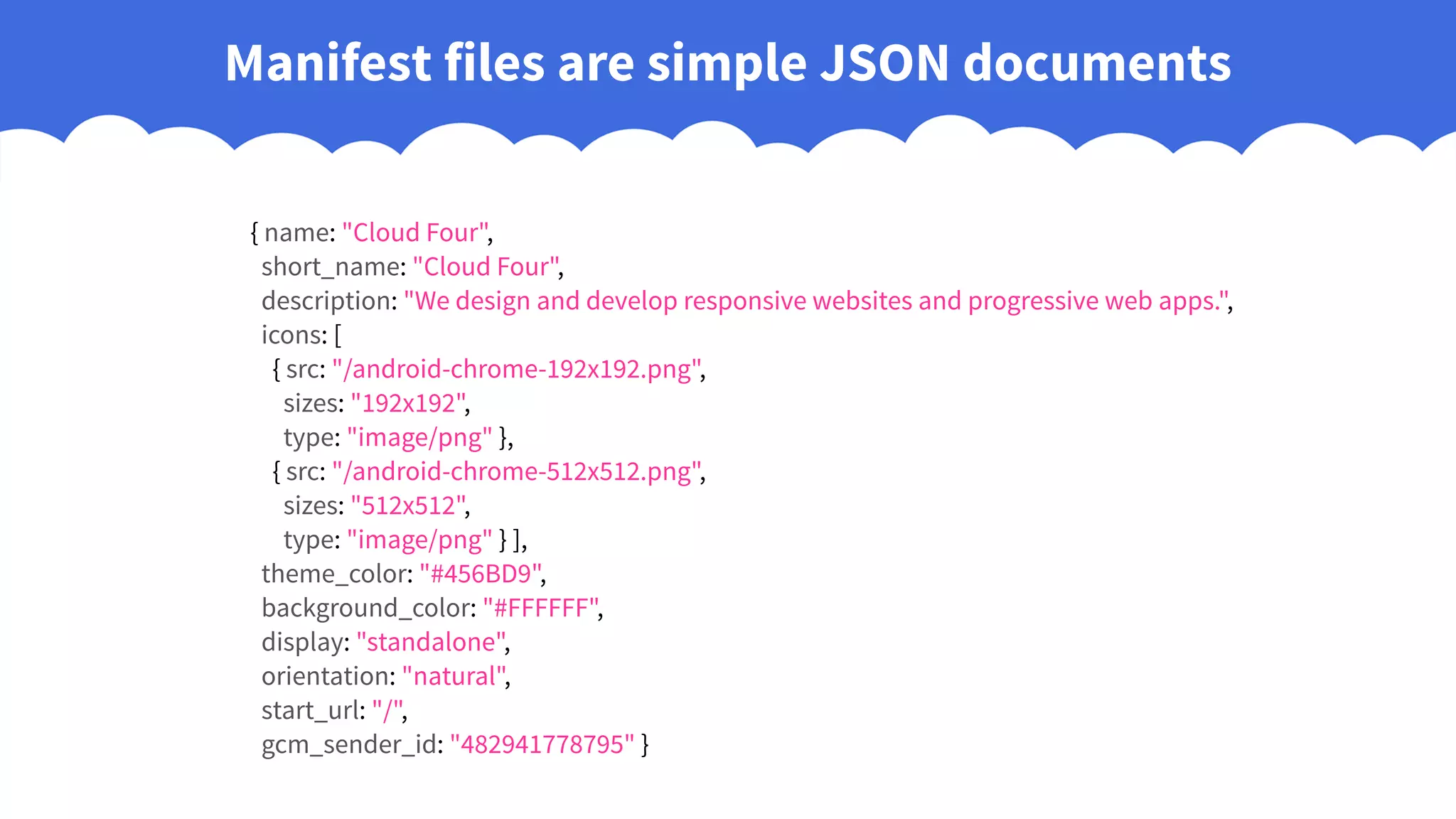 { name: "Cloud Four",
short_name: "Cloud Four",
description: "We design and develop responsive websites and progressive web apps.",
icons: [
{ src: "/android-chrome-192x192.png",
sizes: "192x192",
type: "image/png" },
{ src: "/android-chrome-512x512.png",
sizes: "512x512",
type: "image/png" } ],
theme_color: "#456BD9",
background_color: "#FFFFFF",
display: "standalone",
orientation: "natural",
start_url: "/",
gcm_sender_id: "482941778795" }
Manifest files are simple JSON documents
 