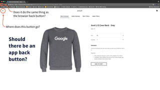 Where does this button go?
Does it do the same thing as
the browser back button?
Should
there be an
app back
button?
 