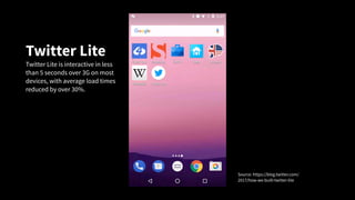 Source: https://blog.twitter.com/
2017/how-we-built-twitter-lite
Twitter Lite
Twitter Lite is interactive in less
than 5 seconds over 3G on most
devices, with average load times
reduced by over 30%.
 
