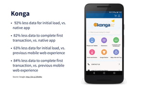 Konga
• 92% less data for initial load, vs.
native app
• 82% less data to complete first
transaction, vs. native app
• 63% less data for initial load, vs.
previous mobile web experience
• 84% less data to complete first
transaction, vs. previous mobile
web experience
Source: Google, http://bit.ly/2f64lRo
 
