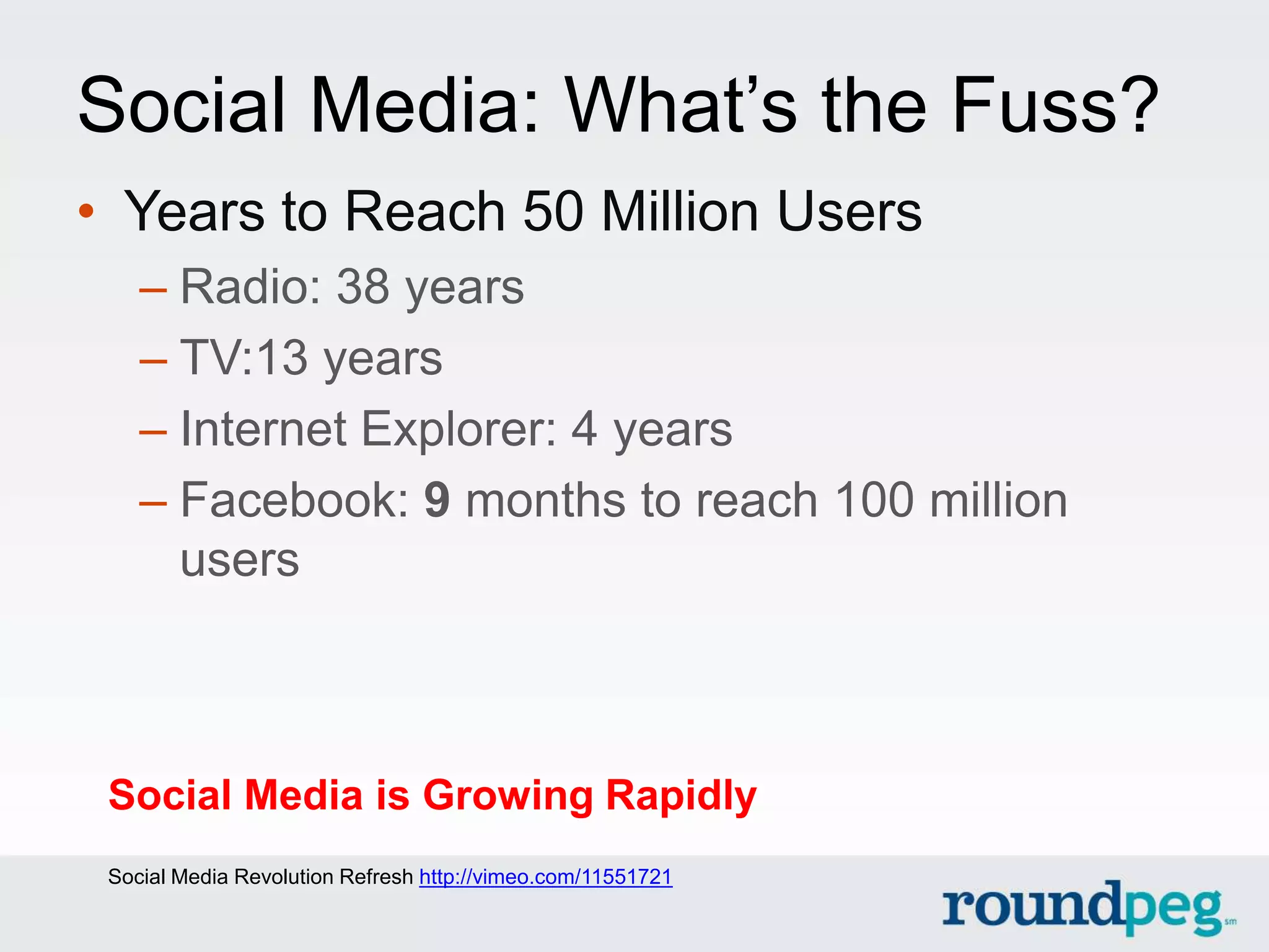 Social Media: What’s the Fuss?
• Years to Reach 50 Million Users
    – Radio: 38 years
    – TV:13 years
    – Internet Explorer: 4 years
    – Facebook: 9 months to reach 100 million
      users



 Social Media is Growing Rapidly
 Social Media Revolution Refresh http://vimeo.com/11551721
 