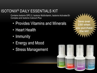 ISOTONIX® DAILY ESSENTIALS KIT
Contains Isotonix OPC-3, Isotonix Multivitamin, Isotonix Activated B-
Complex and Isotonix Calcium Plus
• Provides Vitamins and Minerals
• Heart Health
• Immunity
• Energy and Mood
• Stress Management
Save over
$50 when
you purchase
the kit!
 
