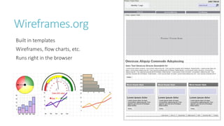 Wireframes.org 
Built in templates 
Wireframes, flow charts, etc. 
Runs right in the browser  