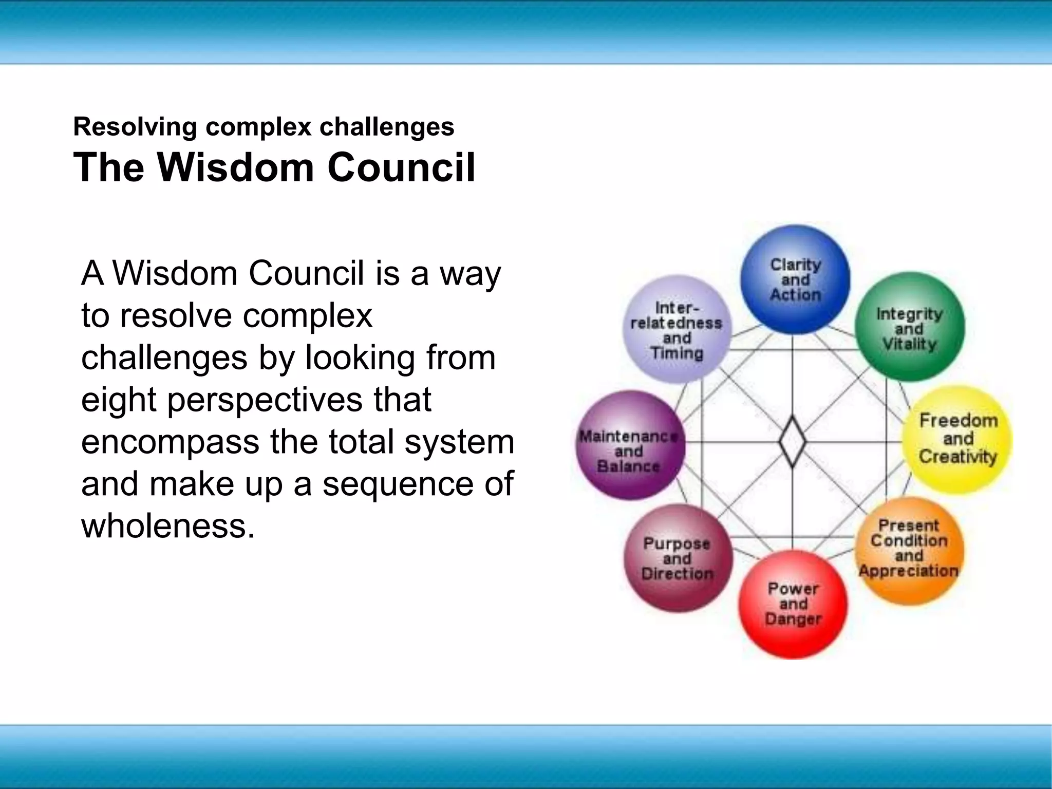 Resolving complex challengesThe Wisdom CouncilA Wisdom Council is a way to resolve complex challenges by looking from eight perspectives that encompass the total system and make up a sequence of wholeness.