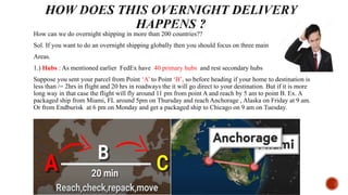 How can we do overnight shipping in more than 200 countries??
Sol. If you want to do an overnight shipping globally then you should focus on three main
Areas.
1.) Hubs : As mentioned earlier FedEx have 40 primary hubs and rest secondary hubs
Suppose you sent your parcel from Point ‘A’ to Point ‘B’, so before heading if your home to destination is
less than /= 2hrs in flight and 20 hrs in roadways the it will go direct to your destination. But if it is more
long way in that case the flight will fly around 11 pm from point A and reach by 5 am to point B. Ex. A
packaged ship from Miami, FL around 5pm on Thursday and reach Anchorage , Alaska on Friday at 9 am.
Or from Endburisk at 6 pm on Monday and get a packaged ship to Chicago on 9 am on Tuesday.
 