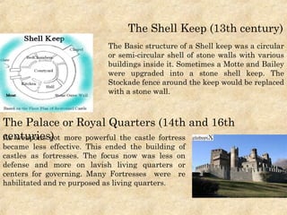 The Basic structure of a Shell keep was a circular
or semi-circular shell of stone walls with various
buildings inside it. Sometimes a Motte and Bailey
were upgraded into a stone shell keep. The
Stockade fence around the keep would be replaced
with a stone wall.
The Shell Keep (13th century)
As weapons got more powerful the castle fortress
became less effective. This ended the building of
castles as fortresses. The focus now was less on
defense and more on lavish living quarters or
centers for governing. Many Fortresses were re
habilitated and re purposed as living quarters.
The Palace or Royal Quarters (14th and 16th
centuries)
 