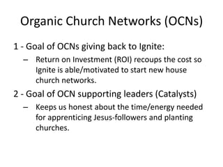 Organic Church Networks (OCNs)1 - Goal of OCNs giving back to Ignite:Return on Investment (ROI) recoups the cost so Ignite is able/motivated to start new house church networks.2 - Goal of OCN supporting leaders (Catalysts)Keeps us honest about the time/energy needed for apprenticing Jesus-followers and planting churches.