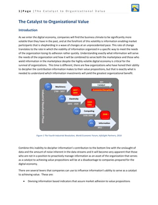 1 | P a g e | T h e C a t a l y s t t o O r g a n i z a t i o n a l V a l u e
The Catalyst to Organizational Value
Introduction
As we enter the digital economy, companies will find the business climate to be significantly more
volatile than they have in the past, and at the forefront of this volatility is information enabling market
participants that is shepherding in a wave of changes at an unprecedented pace. This rate of change
translates to the rate in which the viability of information organized in a specific way to meet the needs
of the organization losing its adhesion rather quickly. Understanding exactly what information will serve
the needs of the organization and how it will be combined to serve both the marketplace and those who
wield information in the marketplace despite the highly volatile digital economy is critical for the
survival of organizations. This time is different, there are few organizations who have honed their ability
to decipher the contribution information makes to their value propositions, but that is exactly what is
needed to understand which information investments will yield the greatest organizational benefit.
Figure 1 The Fourth Industrial Revolution, World Economic Forum, InfoSight Partners, 2016
Combine this inability to decipher information’s contribution to the bottom line with the onslaught of
data and the amount of noise inherent in the data streams and it will become very apparent that those
who are not in a position to proactively manage information as an asset of the organization that serves
as a catalyst to achieving value propositions will be at a disadvantage to companies prepared for the
digital economy.
There are several levers that companies can use to influence information’s ability to serve as a catalyst
to achieving value. These are:
• Devising information based indicators that assure market adhesion to value propositions
 