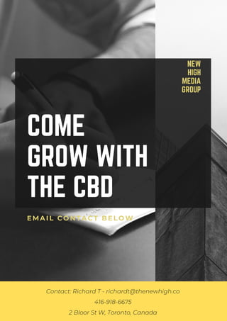 Contact: Richard T - richardt@thenewhigh.co
416-918-6675
2 Bloor St W, Toronto, Canada
COME
GROW WITH
THE CBD
NEW
HIGH
MEDIA
GROUP
EMAIL CONTACT BELOW
 