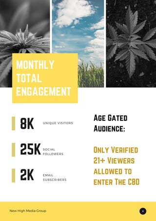 MONTHLY
TOTAL
ENGAGEMENT
8K
25K
2K
UNIQUE VISITORS
SOCIAL
FOLLOWERS
EMAIL
SUBSCRIBERS
New High Media Group 6
Age Gated
Audience:
Only Verified
21+ Viewers
allowed to
enter The CBD
 