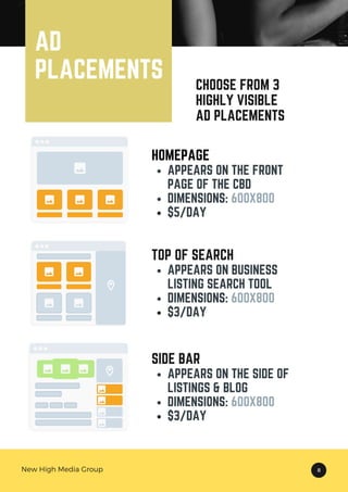 New High Media Group 8
AD
PLACEMENTS CHOOSE FROM 3
HIGHLY VISIBLE
AD PLACEMENTS
APPEARS ON THE FRONT
PAGE OF THE CBD
DIMENSIONS: 600X800
$5/DAY
HOMEPAGE
APPEARS ON BUSINESS
LISTING SEARCH TOOL
DIMENSIONS: 600X800
$3/DAY
TOP OF SEARCH
APPEARS ON THE SIDE OF
LISTINGS & BLOG
DIMENSIONS: 600X800
$3/DAY
SIDE BAR
 