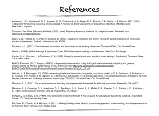 References
Anderson, L.W., Krathwaohl, D. R., Airasian, P. W., Cruikshank, K. A., Mayer, R. E., Pintrich, P. R., Raths, J. & Wittrock, M.C. (2001).
A taxonomy for learning, teaching, and assessing: A revision of Bloom’s taxonomy of educational objectives (Abridged ed.).
New York: Longman.

Common Core State Standards Initiative. (2010, June). Preparing America’s students for college & career. Retrieved from
http://www.corestandards.org

Dean, C. B., Hubbell, E. R., Pitler, H. & Stone, B. (2012). Classroom instruction that works: Research-based strategies for increasing
student achievement. (2nd ed.). Alexandria, VA: ASCD.

Erickson, H. L. (2007). Concept-based curriculum and instruction for the thinking classroom. Thousand Oaks, CA: Corwin Press.

Hattie, J. (2009). Visible learning: A synthesis of over 800 meta-analysis relating to achievement. New York: Routledge.

Kaplan, S. N., Guzman, I., & Tomlinson, C. A. (2009). Using the parallel curriculum model in urban settings: Grades k-8. Thousand Oaks,
CA: Corwin Press.

PARCC Proposal. (2012, August). PARCC college-ready determination policy in English and mathematics & policy and general
content claims for PARCC performance levels. Retrieved from http://www.parcconline.org/sites/parcc/files/
PARCCDraftCRDPolicyandPolicyandGeneralContentClaimsforPLDs7_12_12.pdf

Hedrick, K., & Flannagan, J.S. (2009). Ascending intellectual demand in the parallel curriculum model. In C. A. Tomlinson, S. N. Kaplan, J.
S. Renzulli, J. H. Purcell, J. H. Leppien, D. E. Burns, C.A. Strickland &, M. B. Imbeau (2nd ed.). The parallel curriculum: A design to develop
learner potential and challenge advanced learners (pp. 233-293). Thousand Oaks, CA: Corwin Press.

Marzano, R. J. (2007). The art and science of teaching: A comprehensive framework for effective instruction. Alexandria, VA: ASCD.

Marzano, R. J., Pinkering, D. J., Arredondo, D. E., Blackburn, G. J., Brandt, R. S., Moffet, C. A., Paynter, D. E., Pollock, J. E., & Whisler, J.
S. (1997). Dimensions of learning. (2nd ed.) Alexandria, VA: ASCD.

Renzulli, J. S. & Reis, S. M. (1997). The schoolwide enrichment model; A how-to guide for educational excellence. (2nd ed.). Mansfield
Center, CT: Creative Learning Press.

Ritchhart, R., Church, M. & Morrison, K. (2011). Making thinking visible: How to promote engagement, understanding, and independence for
all learners. San Francisco, CA: Jossey-Bass.
 
