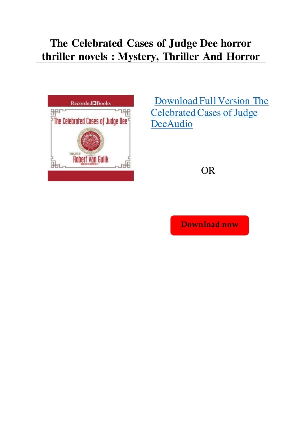 The Celebrated Cases of Judge Dee horror thriller novels Mystery