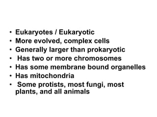 Eukaryotes / Eukaryotic More evolved, complex cells Generally larger than prokaryotic Has two or more chromosomes Has some membrane bound organelles Has mitochondria Some protists, most fungi, most plants, and all animals 