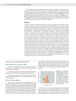 42      Alberts, Johnson, Lewis, Raff, Roberts & Walter



                                              O conhecimento e o entendimento resultam no poder de interferir – nos humanos, para
                                         evitar ou prevenir doenças; nas plantas, para criar melhores cultivares; nas bactérias, para
                                         mudá-las para nosso próprio uso. Todas essas iniciativas biológicas estão ligadas, porque a
                                         informação genética de todos os organismos vivos está escrita na mesma linguagem. A nova
                                         habilidade encontrada pelos biólogos moleculares para ler e decifrar essa linguagem já co-
                                         meçou a transformar nosso relacionamento com o mundo vivo. Esperamos que a descrição
                                         da biologia celular nos capítulos subsequentes prepare você para entender e, possivelmente,
                                         contribuir com a grande aventura científica do século XXI.

                                         Resumo
                                         As células eucarióticas, por definição, mantêm seu DNA em um compartimento separado por uma
                                         membrana, o núcleo. Além disso, elas têm um citoesqueleto para suporte e movimento, comparti-
                                         mentos intracelulares elaborados para a digestão e a secreção, a capacidade (em muitas espécies)
                                         de englobar outras células e um metabolismo que depende da oxidação de moléculas orgânicas
                                         pela mitocôndria. Essas propriedades sugerem que os eucariotos se originaram como predadores
                                         de outras células. As mitocôndrias – e, em plantas, os cloroplastos – contêm seu próprio material
                                         genético e, evidentemente, evoluíram de bactérias que foram assimiladas no citoplasma da célula
                                         eucariótica e sobreviveram como simbiontes. As células eucarióticas tipicamente têm de 3 a 30 vezes
                                         mais genes que os procariotos e, com frequência, milhares de vezes mais DNA não-codificante. O
                                         DNA não-codificante permite uma regulação complexa da expressão gênica, necessária à constru-
                                         ção de organismos multicelulares complexos. Entretanto, muitos eucariotos são unicelulares – entre
                                         eles, a levedura Saccharomyces cerevisiae, a qual serve como um organismo-modelo simples para
                                         a biologia celular eucariótica, revelando a base molecular de processos fundamentais conservados,
                                         como o ciclo de divisão celular eucariótico. Um pequeno número de outros organismos tem sido
                                         escolhido como principal modelo para plantas e animais multicelulares, e o sequenciamento de
                                         seus genomas inteiros tem aberto caminho para análises metódicas e completas das funções dos
                                         genes, da regulação gênica e da diversidade gênica. Como resultado da duplicação gênica durante
                                         a evolução dos vertebrados, o genoma de vertebrados contém múltiplos homólogos intimamente
                                         relacionados para a maioria dos genes. Essa redundância genética tem permitido a diversificação e
                                         a especialização de genes para novos propósitos, mas também torna as funções gênicas mais difíceis
                                         de decifrar. Existe menos redundância genética no nematoide Caenorhabditis elegans e na mosca
                                         Drosophila melanogaster, os quais têm, portanto, desempenhado um papel-chave em revelar os
                                         mecanismos genéticos universais do desenvolvimento animal.




                                                                       como ilustrado na Figura Q1-1. Apenas um entre um milhão de có-
TESTE SEU CONHECIMENTO                                                 digos gerados “ao acaso” pelo computador é mais resistente ao erro
Quais afirmações estão corretas? Justifique.                           do que o código natural. A extraordinária resistência à mutação do
                                                                       código genético corrobora a favor de sua origem como um ancestral
1-1 Os genes da hemoglobina humana, que estão arranjados em            “congelado” ou como resultado da seleção natural? Explique o seu
                                                                                   ,
grupos em dois cromossomos, fornecem um bom exemplo de um              raciocínio.
conjunto de genes ortólogos.
                                                                                                      25                                        Figura Q1-1 A suscetibilidade
1-2 A transferência genética horizontal é mais predominante em
                                                                                                                                                do código natural referente a
                                                                       Número de códigos (milhares)




organismos unicelulares do que em organismos multicelulares.                                          20                                        milhões de códigos gerados por
                                                                                                                                                computador (Questão 1-4). A
1-3 A maioria das sequências de DNA em um genoma bacteriano                                                                                     suscetibilidade mede a média
                                                                                                      15
codifica proteínas, enquanto que a maioria das sequências no ge-                                                                                de mudanças nas propriedades
noma humano não.                                                                                      10                                        dos aminoácidos causadas pe-
                                                                                                               Código
                                                                                                               natural
                                                                                                                                                las mutações ao acaso. Um valor
Discuta as seguintes questões.                                                                        5
                                                                                                                                                pequeno indica que as muta-
                                                                                                                                                ções tendem a causar mudan-
1-4 Uma vez que o código genético foi decifrado há quatro déca-                                       0                                         ças menores. (Dados cortesia de
das, alguns alegam que ele é um ancestral “congelado” enquanto
                                                         ,                                                 0     5         10       15     20   Steven Freeland.)
outros têm afirmado que ele foi moldado por seleção natural. Uma                                               Suscetibilidade à mutação
característica notável do código genético é sua resistência inerente
aos efeitos da mutação. Por exemplo, uma mudança na terceira po-       1-5 Você começou a caracterizar uma amostra obtida das profun-
sição de um códon geralmente especifica o mesmo aminoácido ou          dezas do oceano em um dos satélites de Júpiter. Para a sua surpresa,
algum outro com as mesmas propriedades químicas. O código na-          essa amostra contém uma forma de vida que cresce bem em um
tural (espontâneo) resiste à mutação com mais eficiência (é menos      meio de cultura rico. A sua análise preliminar mostra que ela con-
suscetível ao erro) do que a maioria das outras versões possíveis,     tém células, DNA, RNA e proteínas. Quando você mostra esse resul-
 