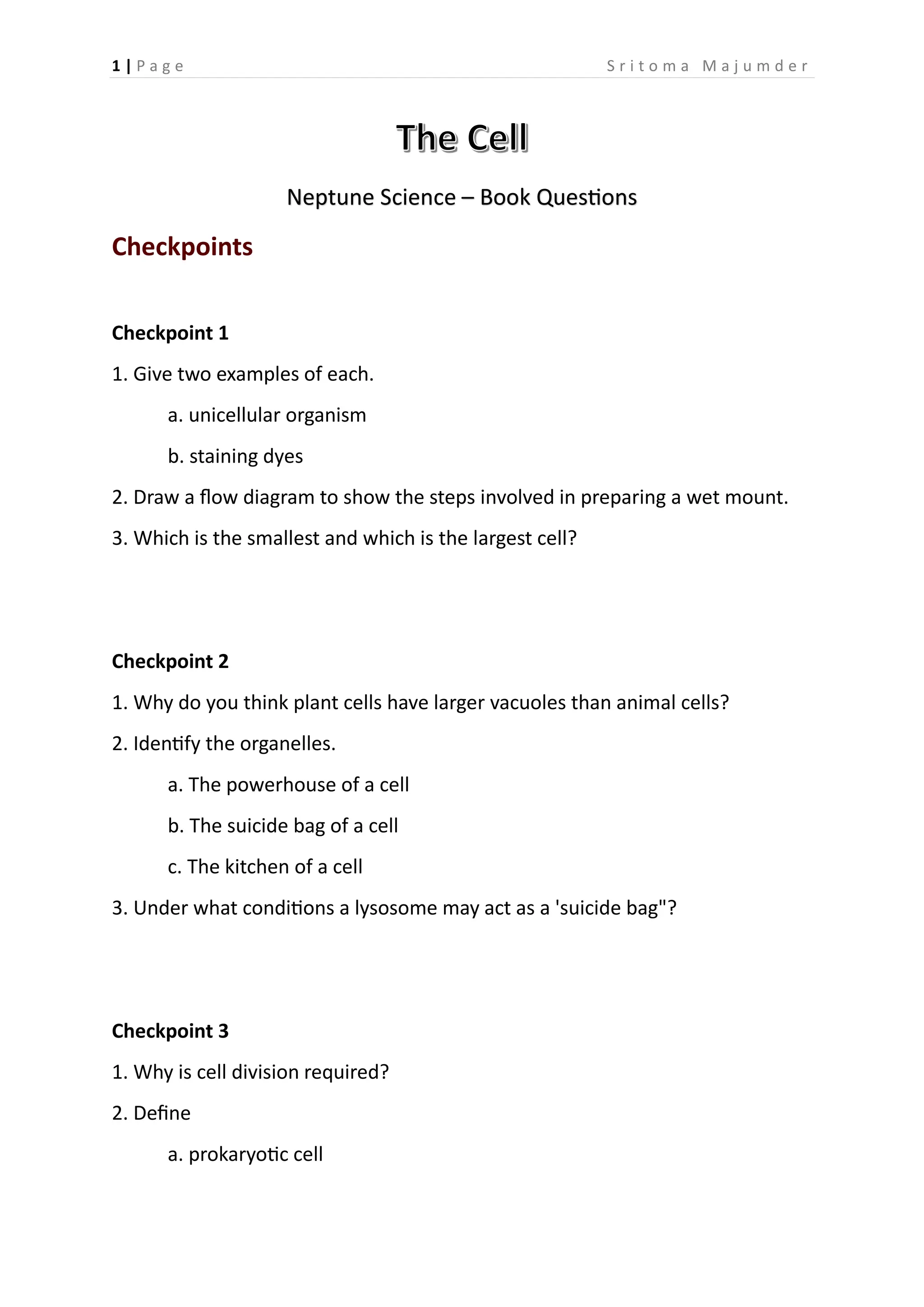 CBSE - Grade 8 - Biology - The Cell - Neptune Science - Exercise | PDF