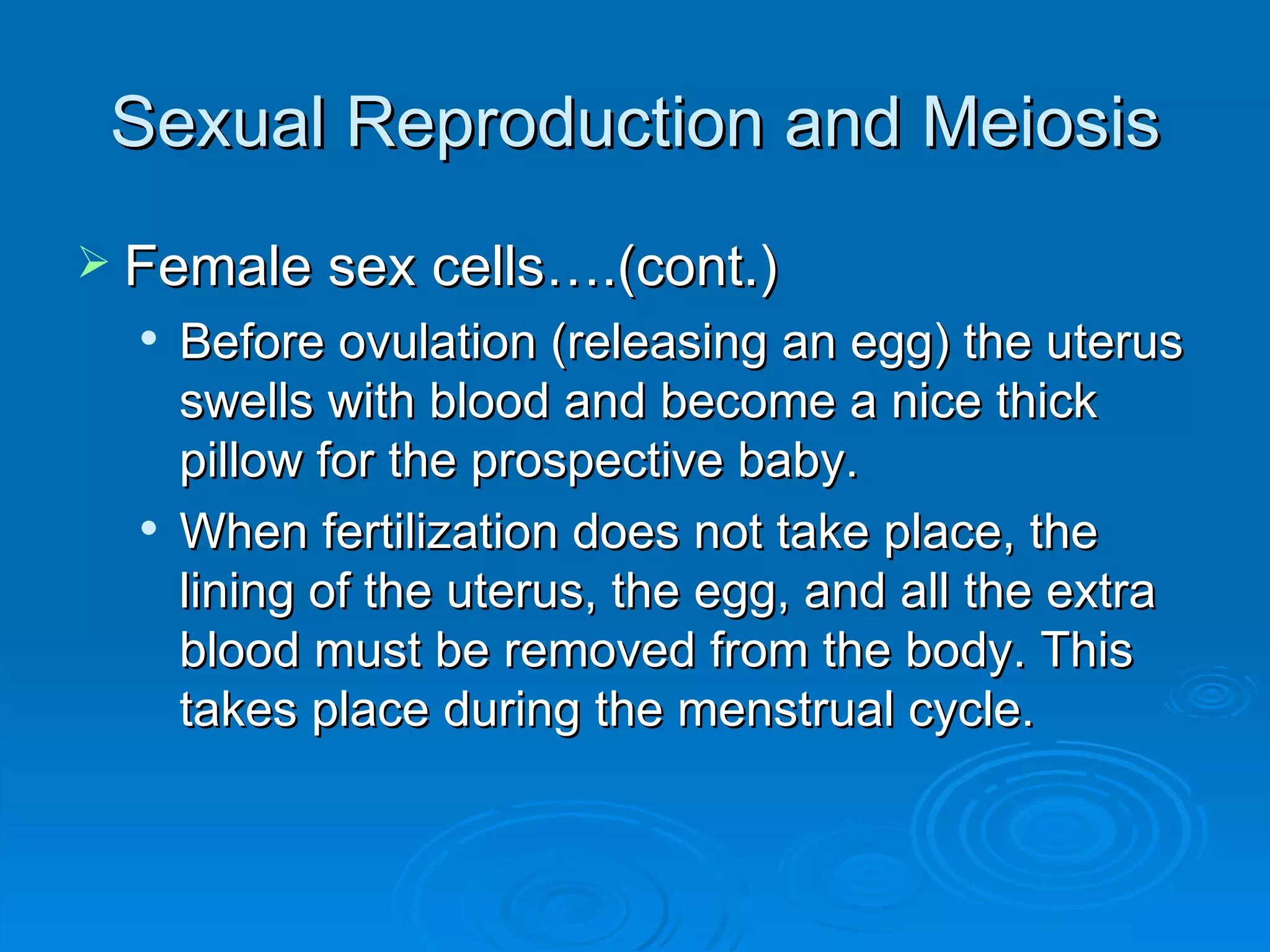 Sexual Reproduction and Meiosis Female sex cells….(cont.) Before ovulation (releasing an egg) the uterus swells with blood and become a nice thick pillow for the prospective baby. When fertilization does not take place, the lining of the uterus, the egg, and all the extra blood must be removed from the body. This takes place during the menstrual cycle. 