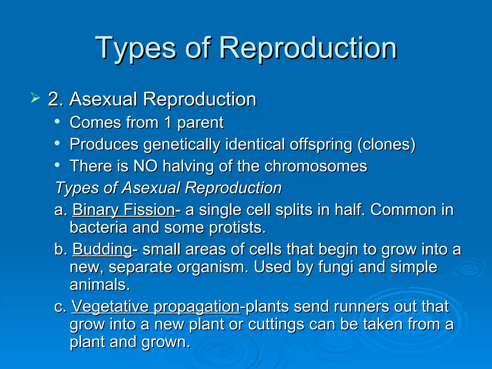 Types of Reproduction 2. Asexual Reproduction Comes from 1 parent Produces genetically identical offspring (clones) There is NO halving of the chromosomes Types of Asexual Reproduction a.  Binary Fission - a single cell splits in half. Common in bacteria and some protists. b.  Budding - small areas of cells that begin to grow into a new, separate organism. Used by fungi and simple animals. c.  Vegetative propagation -plants send runners out that grow into a new plant or cuttings can be taken from a plant and grown. 