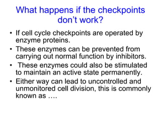What happens if the checkpoints don’t work? If cell cycle checkpoints are operated by enzyme proteins. These enzymes can be prevented from carrying out normal function by inhibitors. These enzymes could also be stimulated to maintain an active state permanently. Either way can lead to uncontrolled and unmonitored cell division, this is commonly known as …. 
