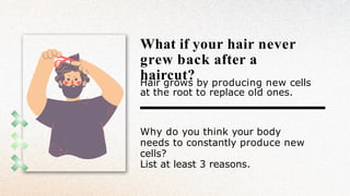 What if your hair never
grew back after a
haircut?
Hair grows by producing new cells
at the root to replace old ones.
Why do you think your body
needs to constantly produce new
cells?
List at least 3 reasons.
 