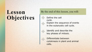 Lesson
Objectives Define the cell
cycle.
By the end of this lesson, you will:
Explain the sequence of events
in the eukaryotic cell cycle.
Identify and describe the
key phases of mitosis.
Differentiate between
cytokinesis in plant and animal
cells.
 