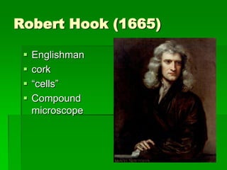 Robert Hook (1665)

    Englishman
    cork
    “cells”
    Compound
     microscope
 