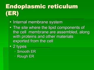Endoplasmic reticulum
(ER)
  Internal membrane system
  The site where the lipid components of
   the cell membrane are assembled, along
   with proteins and other materials
   exported from the cell
  2 types
    Smooth ER
    Rough ER
 