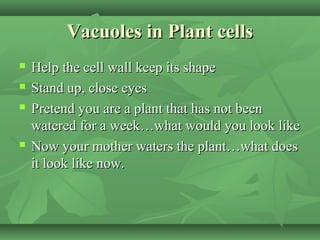 Vacuoles in Plant cells
   Help the cell wall keep its shape
   Stand up, close eyes
   Pretend you are a plant that has not been
    watered for a week…what would you look like
   Now your mother waters the plant…what does
    it look like now.
 