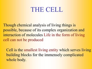 THE CELL
Though chemical analysis of living things is
possible, because of its complex organization and
interaction of molecules Life in the form of living
cell can not be produced
Cell is the smallest living entity which serves living
building blocks for the immensely complicated
whole body.
 