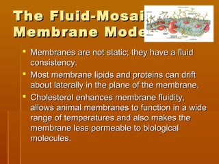 The Fluid-MosaicThe Fluid-Mosaic
Membrane ModelMembrane Model
 Membranes are not static; they have a fluidMembranes are not static; they have a fluid
consistency.consistency.
 Most membrane lipids and proteins can driftMost membrane lipids and proteins can drift
about laterally in the plane of the membrane.about laterally in the plane of the membrane.
 Cholesterol enhances membrane fluidity,Cholesterol enhances membrane fluidity,
allows animal membranes to function in a wideallows animal membranes to function in a wide
range of temperatures and also makes therange of temperatures and also makes the
membrane less permeable to biologicalmembrane less permeable to biological
molecules.molecules.
 