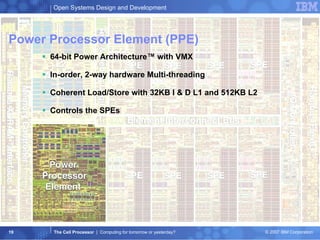Power Processor Element (PPE) 64-bit Power Architecture™ with VMX In-order, 2-way hardware Multi-threading Coherent Load/Store with 32KB I & D L1 and 512KB L2 Controls the SPEs 