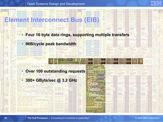 Element Interconnect Bus Four 16 byte data rings, supporting multiple transfers 96B/cycle peak bandwidth Over 100 outstanding requests 300+ GByte/sec @ 3.2 GHz Element Interconnect Bus (EIB) 
