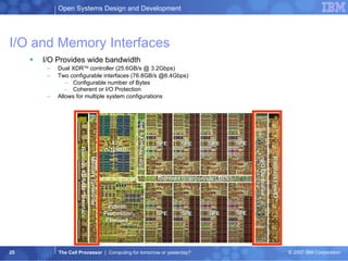 I/O and Memory Interfaces   I/O Provides wide bandwidth Dual XDR TM  controller (25.6GB/s @ 3.2Gbps) Two configurable interfaces (76.8GB/s @6.4Gbps) Configurable number of Bytes Coherent or I/O Protection   Allows for multiple system configurations 