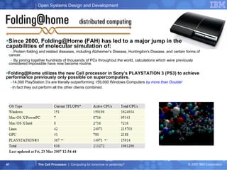Since 2000, Folding@Home (FAH) has led to a major jump in the capabilities of molecular simulation of:  Protein folding and related diseases, including Alzheimer’s Disease, Huntington's Disease, and certain forms of cancer. By joining together hundreds of thousands of PCs throughout the world, calculations which were previously considered impossible have now become routine.  Folding@Home utilizes the new Cell processor in Sony’s PLAYSTATION 3 (PS3) to achieve performance previously only possible on supercomputers. 14,000 PlayStation 3’s are literally outperforming 159,000 Windows Computers  by more than Double! In fact they out perform all the other clients combined. http://folding.stanford.edu/FAQ-PS3.html Dr. V. S. Pande, folding@home, Distributed Computing Project, Stanford University 