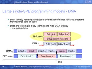 Large single-SPE programming models - DMA DMA latency handling is critical to overall performance for SPE programs moving large data or code Data pre-fetching is a key technique to hide DMA latency e.g. double-buffering Time I Buf 1 (n) O Buf 1 (n) I Buf 2 (n+1) O Buf 2 (n-1) SPE program: Func (n) output n-2 input n Output n-1 Func (input n ) Input n+1 Func (input n+1 ) Func (input n-1 ) output n Input n+2 DMAs SPE exec. DMAs SPE exec. 