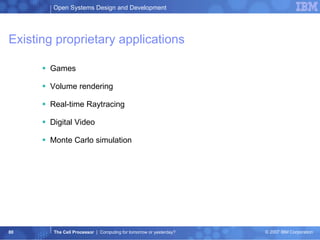 Existing proprietary applications Games Volume rendering Real-time Raytracing Digital Video Monte Carlo simulation 