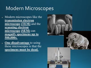 ● Modern microscopes like the
transmission electron
microscope (TEM) and the
scanning electron
microscope (SEM) can
magnify specimens up to
500,000x.
● One disadvantage to using
these microscopes is that the
specimens must be dead.
 