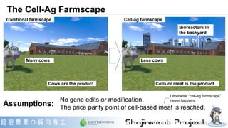 Less cows
Bioreactors in
the backyard
Many cows
Cows are the product Cells or meat is the product
No gene edits or modific...