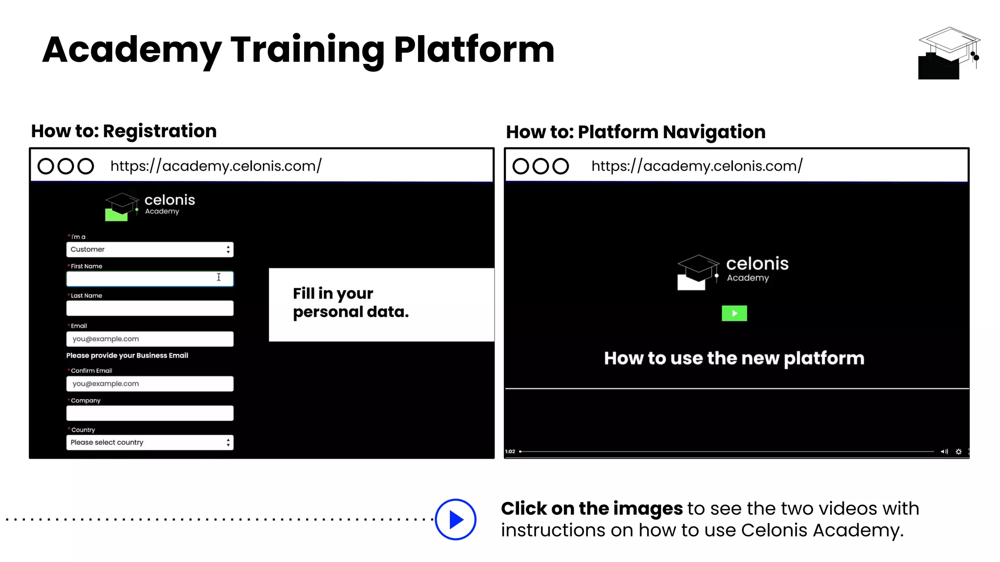 https://academy.celonis.com/
Academy Training Platform
https://academy.celonis.com/
How to: Registration How to: Platform Navigation
Click on the images to see the two videos with
instructions on how to use Celonis Academy.
 