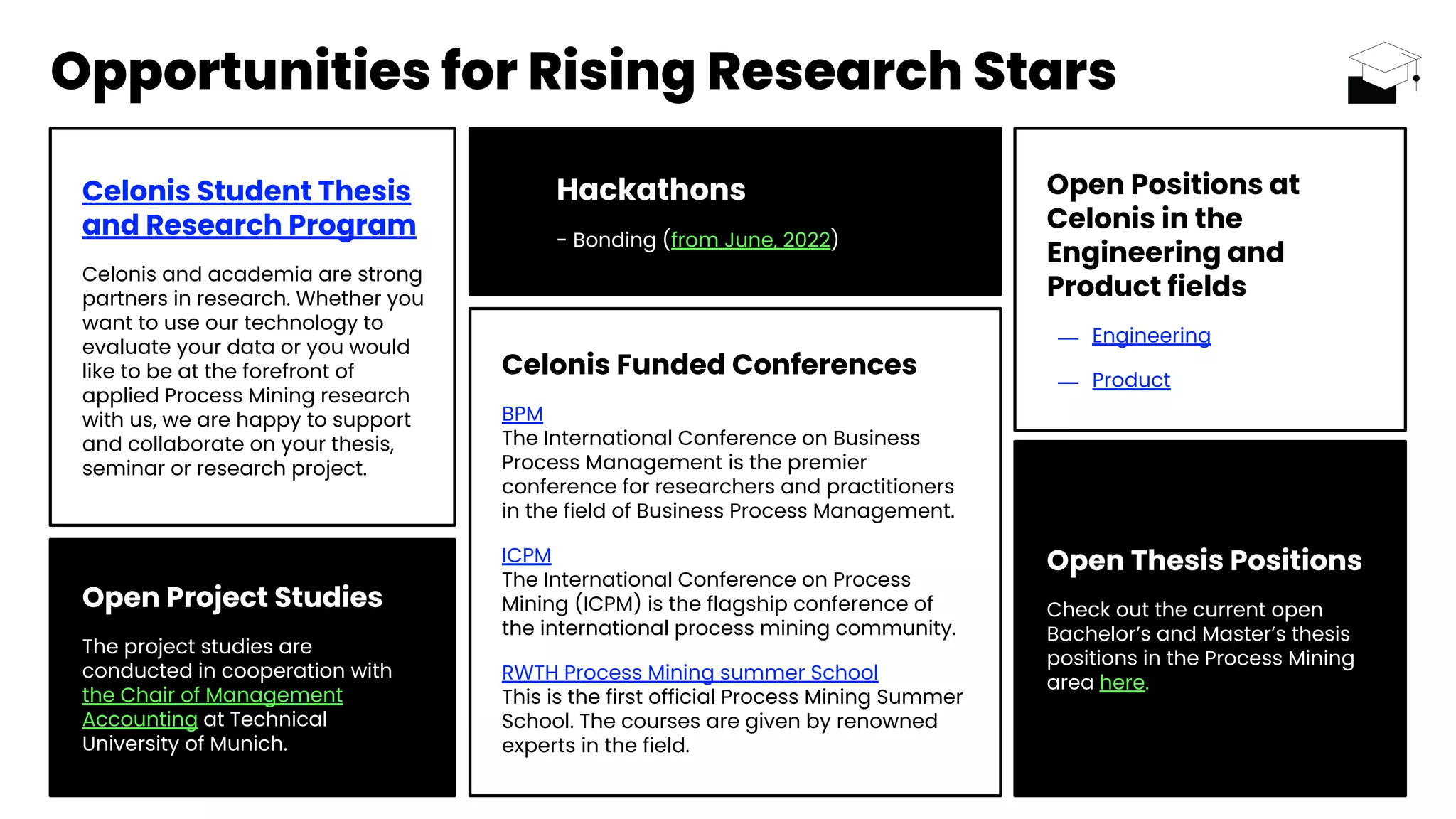 Opportunities for Rising Research Stars
Celonis Student Thesis
and Research Program
Celonis and academia are strong
partners in research. Whether you
want to use our technology to
evaluate your data or you would
like to be at the forefront of
applied Process Mining research
with us, we are happy to support
and collaborate on your thesis,
seminar or research project.
Open Thesis Positions
Check out the current open
Bachelor’s and Master’s thesis
positions in the Process Mining
area here.
Open Project Studies
The project studies are
conducted in cooperation with
the Chair of Management
Accounting at Technical
University of Munich.
Celonis Funded Conferences
BPM
The International Conference on Business
Process Management is the premier
conference for researchers and practitioners
in the field of Business Process Management.
ICPM
The International Conference on Process
Mining (ICPM) is the flagship conference of
the international process mining community.
RWTH Process Mining summer School
This is the first official Process Mining Summer
School. The courses are given by renowned
experts in the field.
Open Positions at
Celonis in the
Engineering and
Product fields
⎯ Engineering
⎯ Product
Hackathons
- - Bonding (from June, 2022).
 