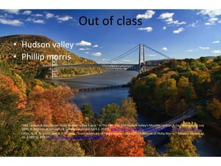 Out of class
• Hudson valley
• Phillip morris
• "NYC Lesbian & Gay Center Hosts Hudson Valley Event." In The Life: The Mid Hudson Valley's Monthly Lesbian & Gay Newspaper, July
1998, 6. Archives of Sexuality & Gender (accessed April 2, 2017). http://tinyurl.galegroup.com.ezproxy.trincoll.edu/tinyurl/4dCEm8.
• Offen, N., E. A. Smith, and R. E. Malone. "From Adversary to Target Market: The ACT-UP Boycott of Philip Morris." Tobacco Control 12,
no. 2 (2003): 203-07. http://www.jstor.org/stable/20208127.
 